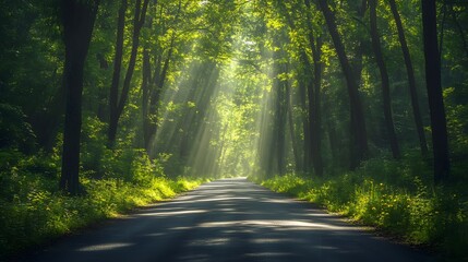 Fototapeta premium A sunlit path through a green forest, with sunlight filtering through the trees.