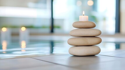 Obraz premium Zen Atmosphere with Candle on Stacked Stones by the Pool