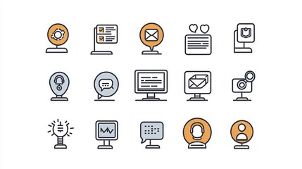 Online Community thin line icon set. Containing group chat, forum, discussion board, virtual event, community members, online profile, shared interests, social platform