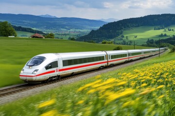 Fototapeta premium High-speed train racing through a lush green countryside