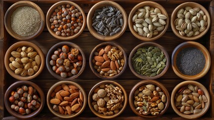 Assortment of nuts and seeds in wooden bowls, arranged in a grid.  A perfect food and health background.