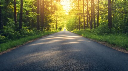 Obraz premium A paved road winds through a lush green forest with the sun shining through the trees.