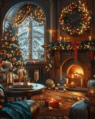 Obraz premium Cozy living room decorated for Christmas with a fireplace, a Christmas tree, and a window overlooking a snowy landscape.