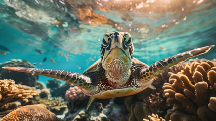 Obraz premium A Green Sea Turtle Swimming Gracefully Among Vibrant Coral Reefs in Clear Ocean Waters