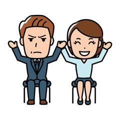 People Sitting On Chairs Isolated White Background. Male and Female Characters With Different Facial Expression and Hand Gestures. Corporate, Business, Educational Concept. Cartoon Vector Illustration