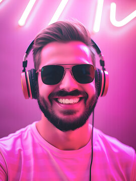 Smiling young man wearing sunglasses and headphones, illuminated by neon lighting, below a neon sign