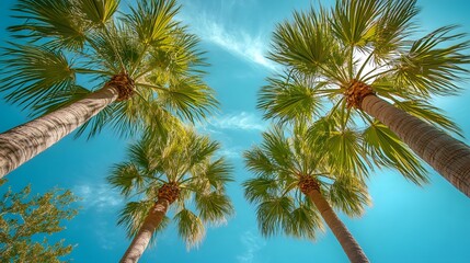 Fototapeta premium A low angle view of four palm trees against a bright blue sky.