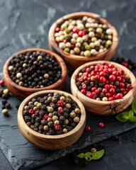 Four bowls of assorted peppercorns on a black slate background.