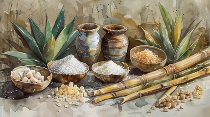 Still life of sugar cane, sugar, and pottery arranged on a rustic surface.