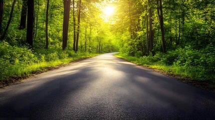 Obraz premium A winding asphalt road through a lush green forest with sunlight shining through the trees.