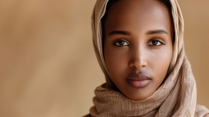 Closeup of natural beauty African woman in hijab isolated on beige background. Fashion, beauty and skincare concept. Commercial portrait for wallpaper, banner, poster with copy space