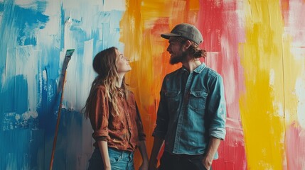 Couple Painting Wall with Colorful Abstract Art