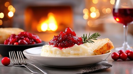 Cranberry Sauce and Mashed Potatoes with a Side of Bread