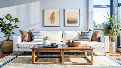 Rustic coffee table near white sofa with brown pillows against wall with two poster frames. Boho ethnic home interior design of modern living room.
