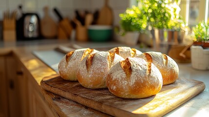 Freshly Baked Bread on Wooden Cutting Board in Sunlight