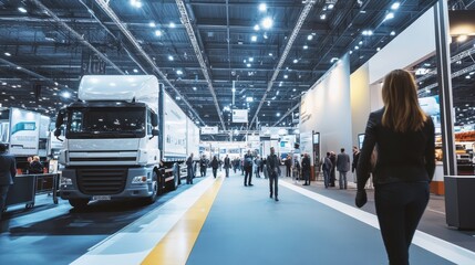 Bustling Commercial Exhibition Hall with Trucks and Visitors