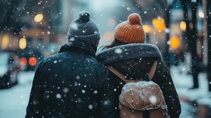 Couple walking through a winter landscape