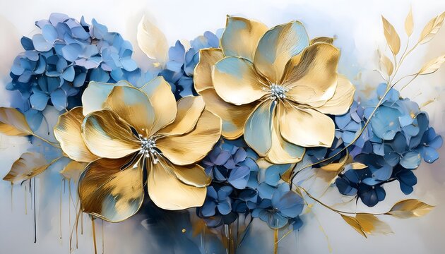 abstract floral oil painting gold and blue hydrangea flower on white background