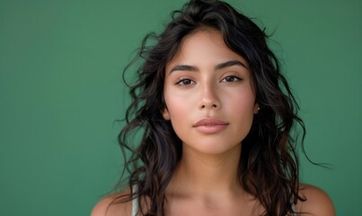 Closeup of natural beauty latin woman with dark waving hair isolated on green background. Fashion, beauty and skincare concept. Commercial portrait for wallpaper, banner, poster
