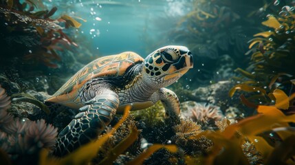 Naklejka premium Serene Sea Turtle Swimming through Colorful Coral Reef in Clear Blue Water