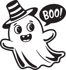Cute Halloween Ghost outline Vector illustration on white Background.