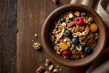 Top-Down View of a Healthy Granola Breakfast in a Rustic Wooden Bowl for a Wholesome and Nutritious Start