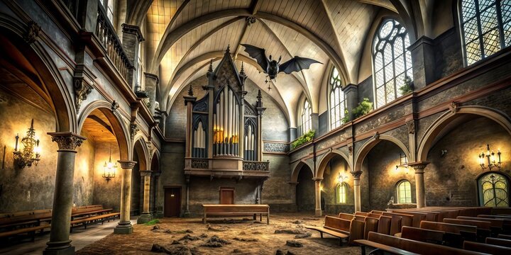 * haunted abandoned church bat flying organ loft
