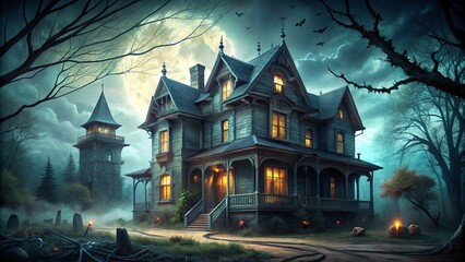 Obraz premium * Haunted haunted house dark eerie atmosphere creepy abandoned mansion Halloween night shadows cobwebs