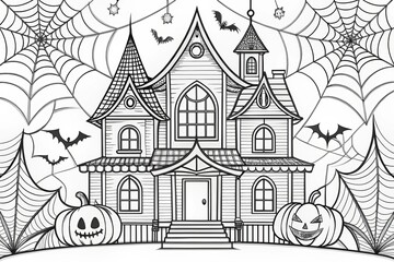 * Haunted house and cobwebs Halloween coloring templates