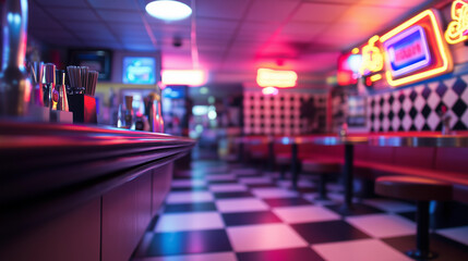  Retro neon diner checkered floor classic americana vibrant colors nostalgic atmosphere cozy booths vintage inspired aesthetic night photography iconic timeless 50s style pop culture