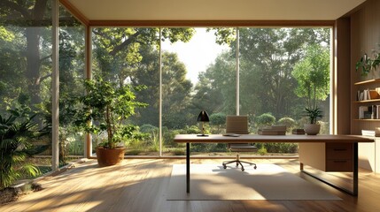 Fototapeta premium Serene Forest Retreat: A Workspace Immersed in Nature