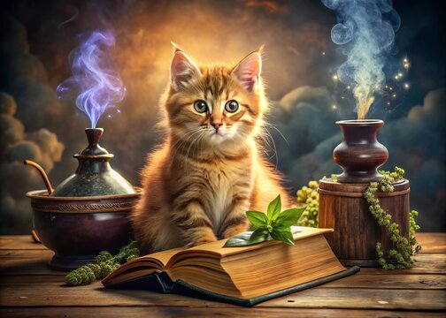 &bull; Kitten witch magic spellbook potion ingredients catnip fragrance dark mysticism mysterious mystical ancient tome knowledge power