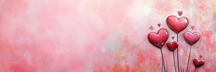 Valentines day pink background red handdrawn hearts festive romantic overlay banner copy space love holiday decoration backdrop scrapbook paper empty  blurred watercolor pastel 