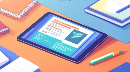 Digital Workspace: Tablet and Office Supplies on Vibrant Desk