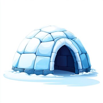 A colorful cartoon illustration of an igloo nestled in a snowy landscape, showcasing a winter wonderland scene.