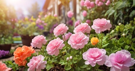 flowers blossom in the home garden spring background.