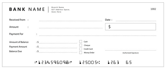 Fototapeta premium Empty money cheque. Bank check. check book template with pattern and blank fields. Currency payment coupon, US dollar check background