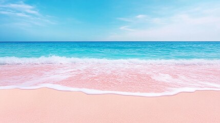 Obraz premium A serene beach view with pink sand and clear blue waves gently lapping at the shore under a cloudless sky.