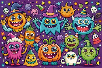 Obraz premium * Monster mash Halloween illustrations fun cartoonish 90s style bright bold colors