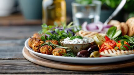 A Mediterranean platter with grilled vegetables, falafel, olives, and tzatziki sauce.