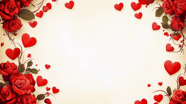 Valentine's day red heart rose floral frame border design scrapbook paper old grunge background crafts romantic love greeting card layout celebration vintage decorative backdrop frame empty center