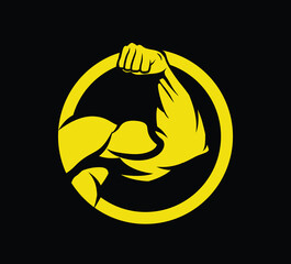 Muscular Biceps in the yellow circle. Illustration of gym and fitness