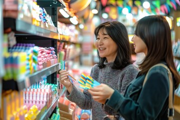 Two female customers are carefully reading the packaging information of a product in a supermarket, discussing which one to choose