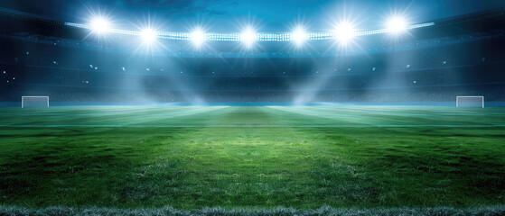 A soccer field with a bright blue sky and lights shining on it