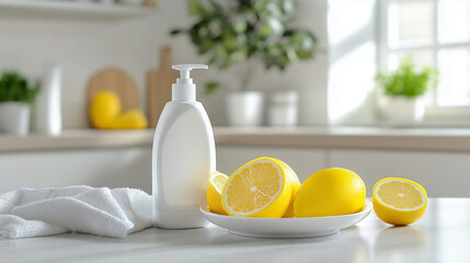 Lemon, cleaning liquid, and lotion on white table in bright kitchen for cleaning concept