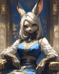 regal female rabbit beastfolk queen seated on a golden throne wearing luxurious blue and gold robes with a calm and commanding presence