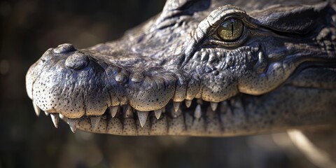 Fototapeta premium Macro shot of a crocodile’s head, focusing on the intricate details of its skin and powerful jaw