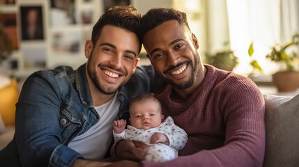 Obraz premium Happy gay couple smiles holding their newborn in a cozy home, showing love and joy of modern parenthood. This portrait captures family, love, and the special bond between child and dads