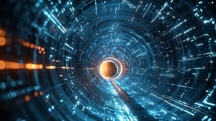 Obraz premium Technological Fusion: Abstract 8k Tunnel Background with Intricate Algorithmic Patterns Merging into Digital Networks, Symbolizing Transformation and Integration.