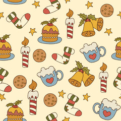 Hand drawn Christmas pattern with bells, candle, cookies and decorative elements. Winter holiday pattern perfect for wrapping paper, print, cards, fabric, textile